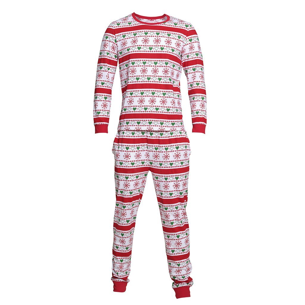 Ein rot-weiß gestreifter Weihnachtsschlafanzug.